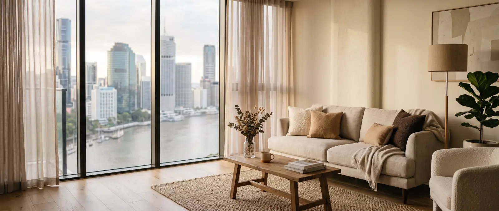 Inner-city Brisbane apartment living room where mobile IV therapy is delivered